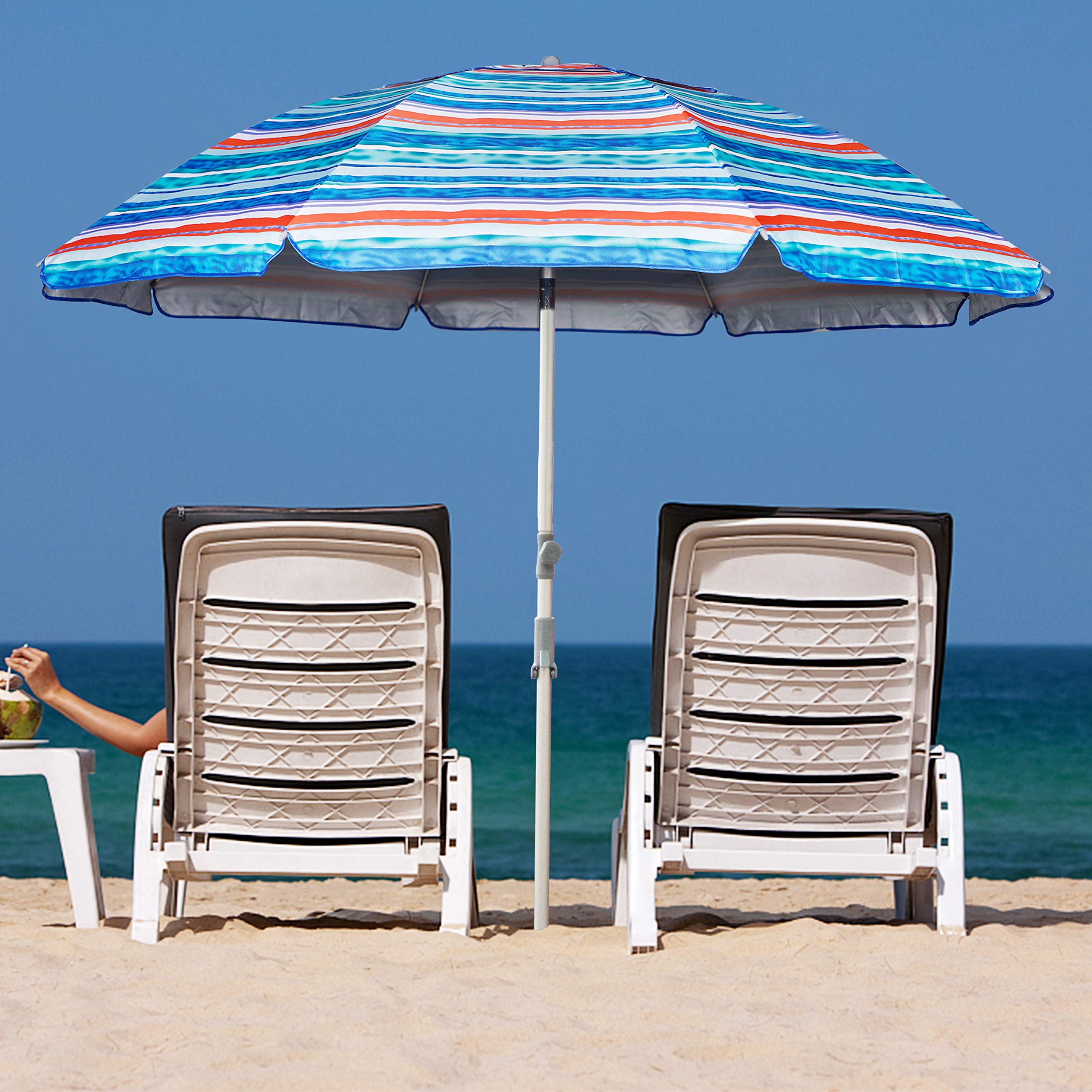 Blissun sombrilla en uso en playa protegiendo a familia del sol
