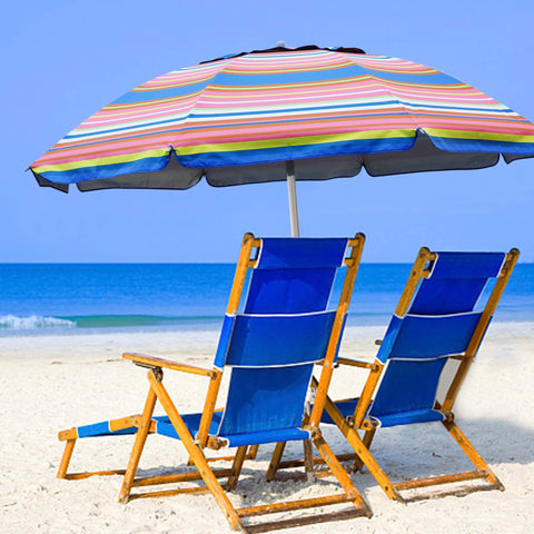 Blissun sombrilla en uso en playa familiar con sombra amplia