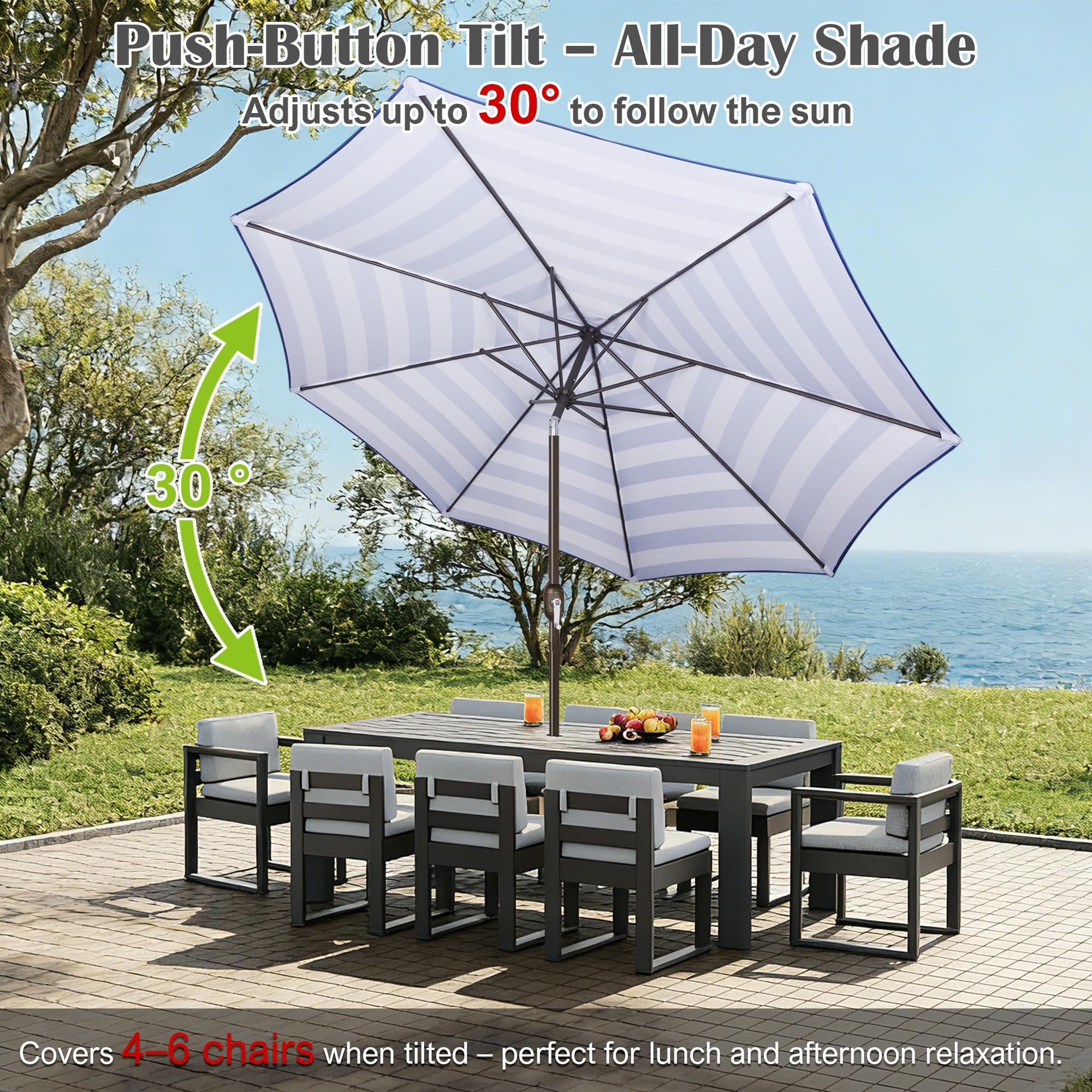Blissun sombrilla inclinada protegiendo mesa y sillas al seguir el sol