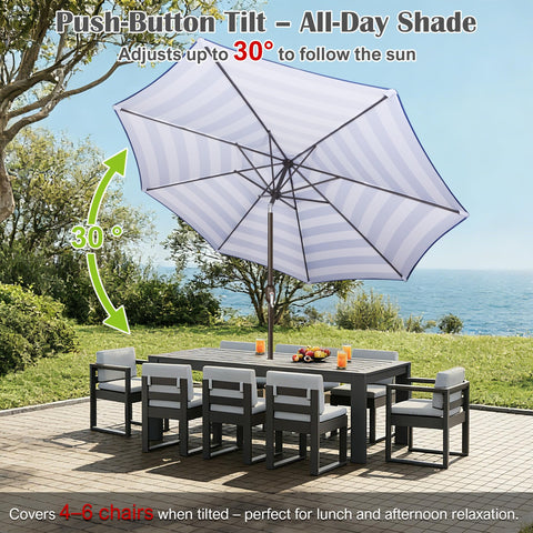 Blissun sombrilla inclinada protegiendo mesa y sillas al seguir el sol