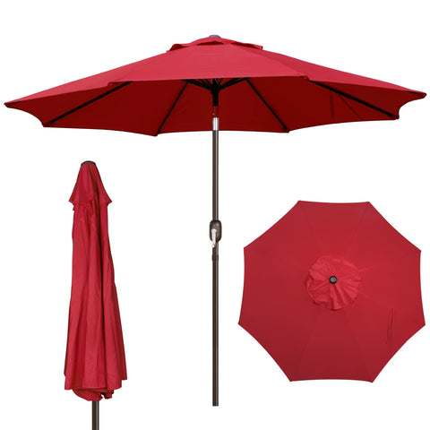 Blissun vista frontal de la sombrilla de patio roja protegiendo una mesa