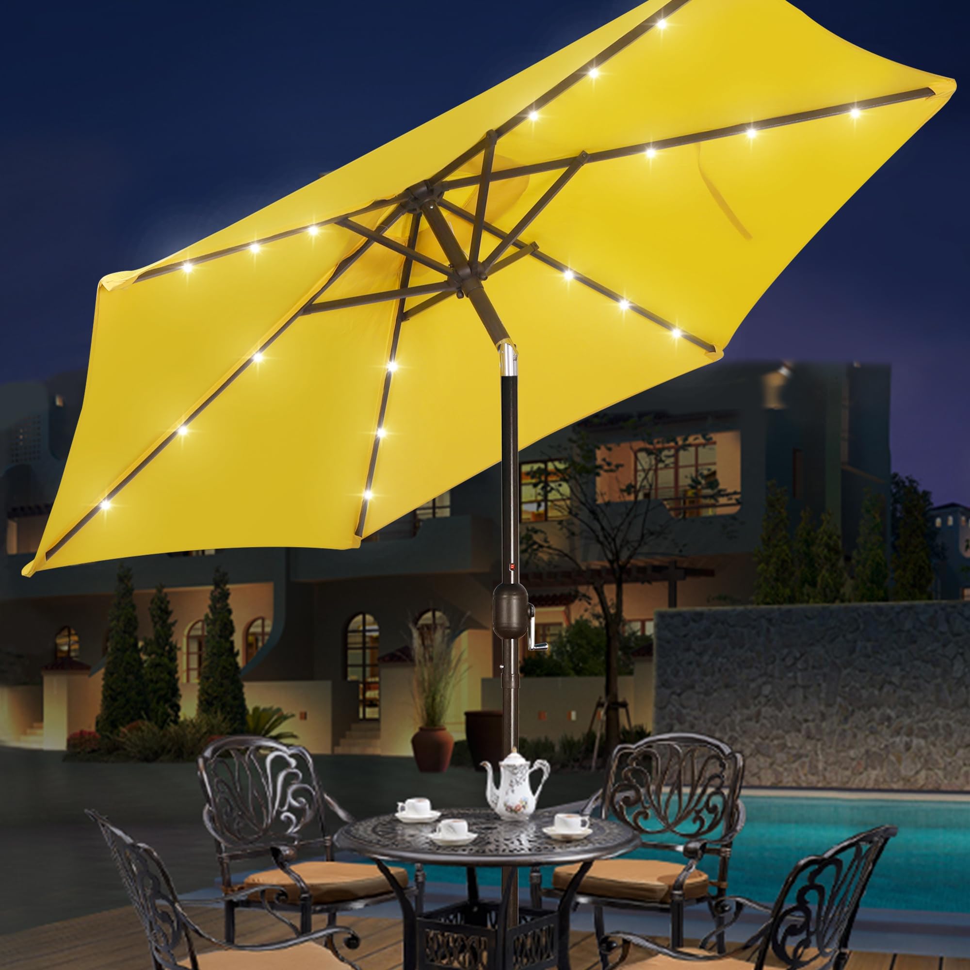 Blissun sombrilla instalada en mesa de terraza para comidas al aire libre
