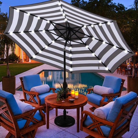Blissun sombrilla nocturna iluminada creando ambiente acogedor