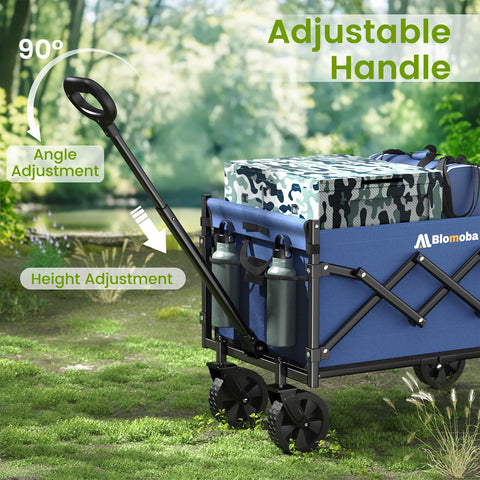 Blomoba carro desplegado mostrando capacidad de 90 L y soporte de 220 lbs