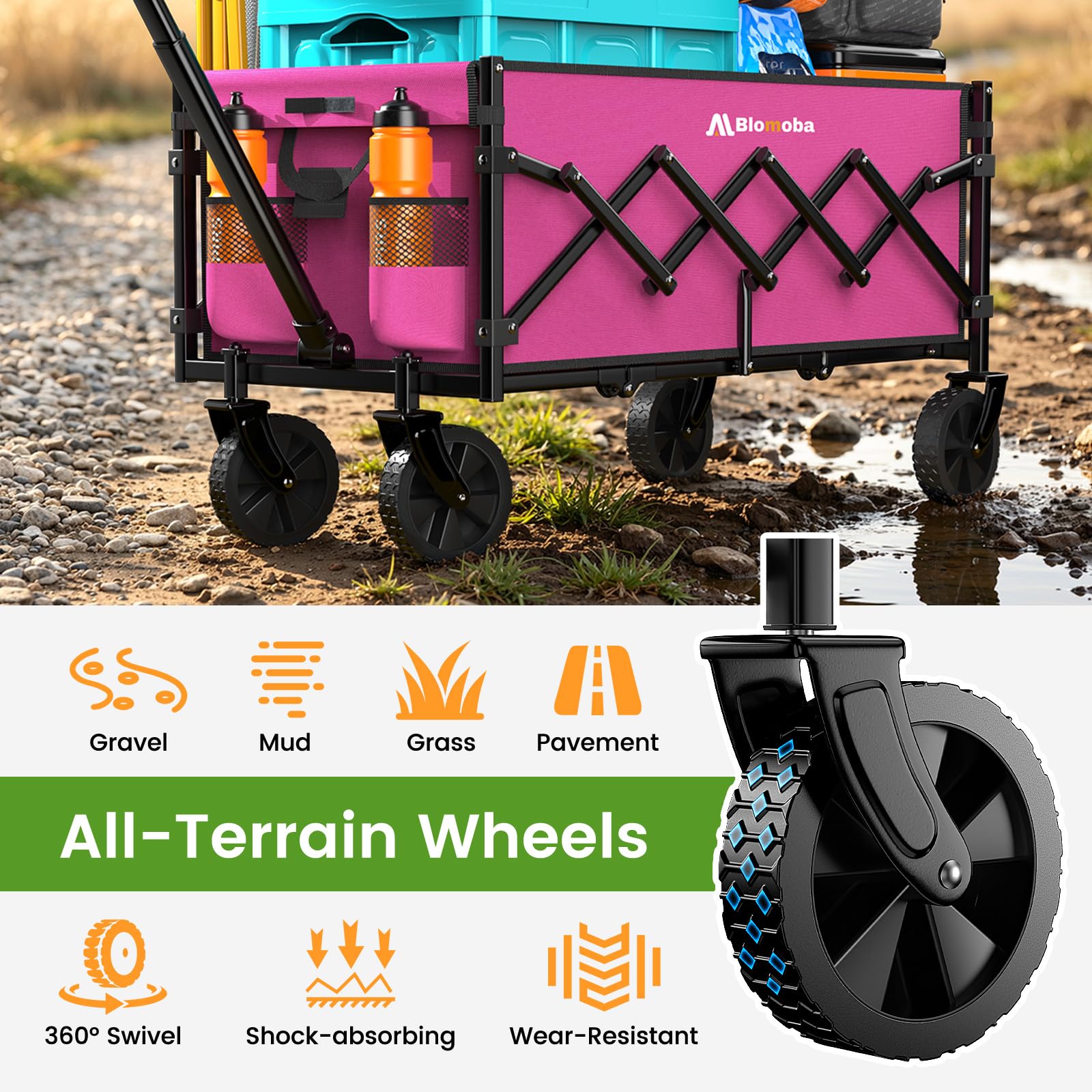 Blomoba carrito cargado con equipo de camping demostrando utilidad al aire libre