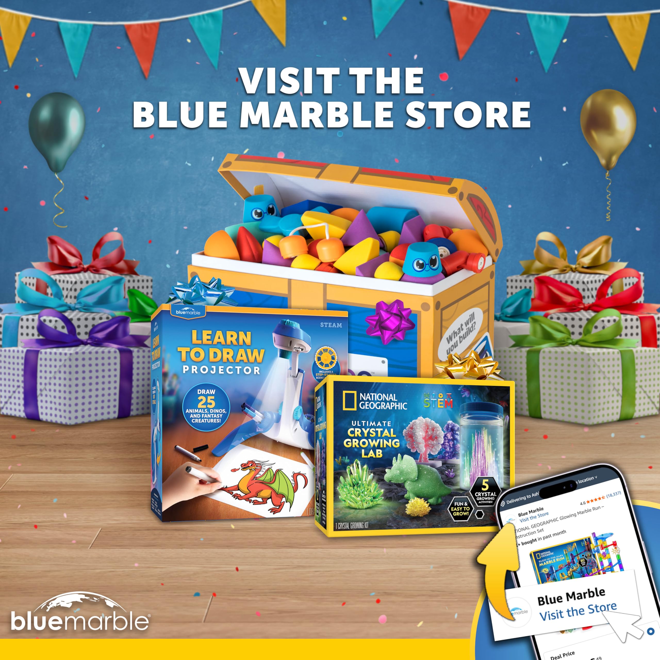 Blue Marble macetas decoradas por niños sobre mesa, estimula creatividad y orgullo