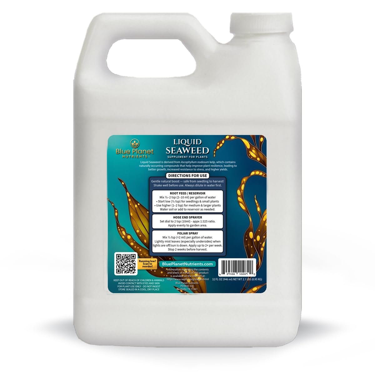 Blue Planet Nutrients etiqueta en primer plano con instrucciones claras