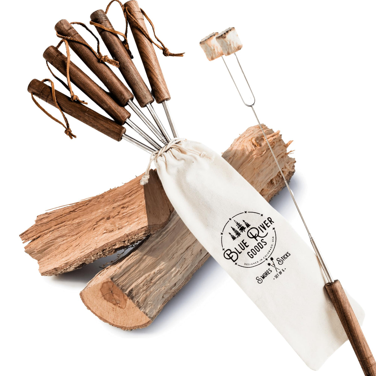Blue River Goods paquete frontal mostrando los seis pinchos y la bolsa, ideal para regalar