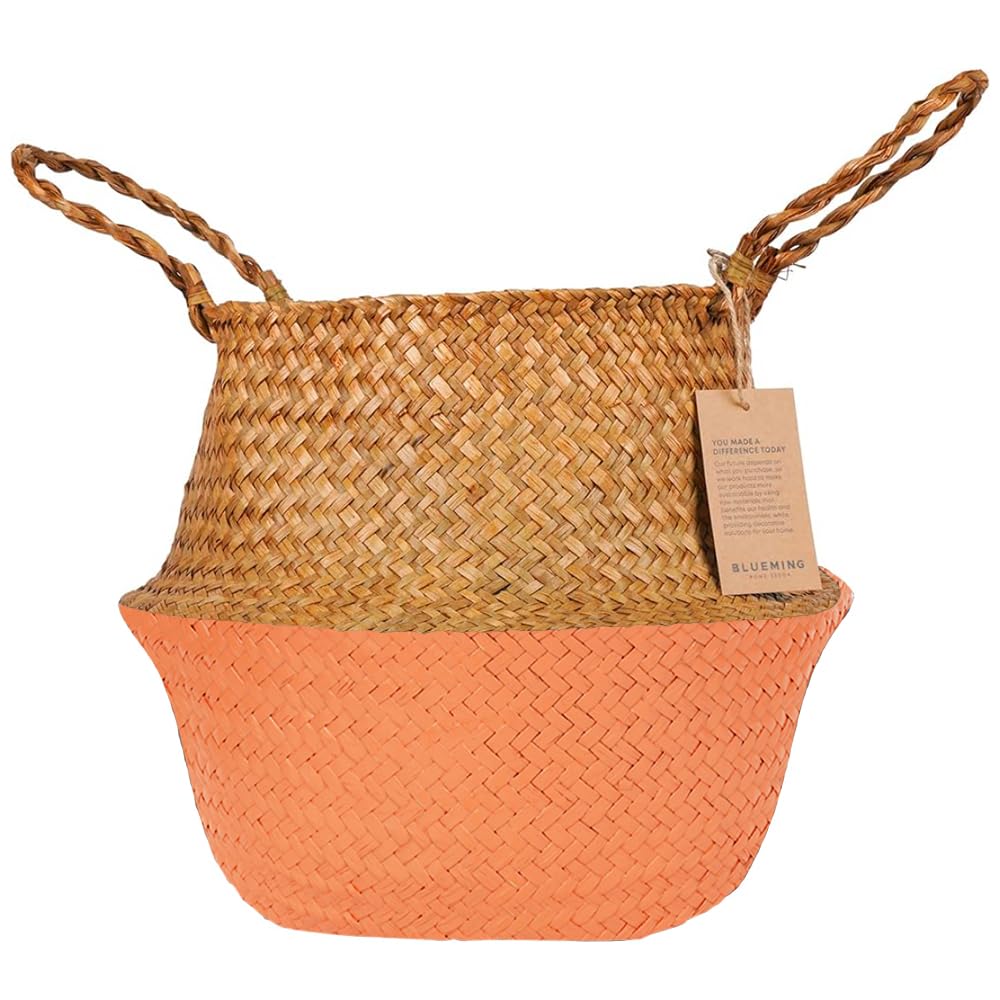 Blueming cesta frontal en naranja mostrando acabado boho y calidez decorativa
