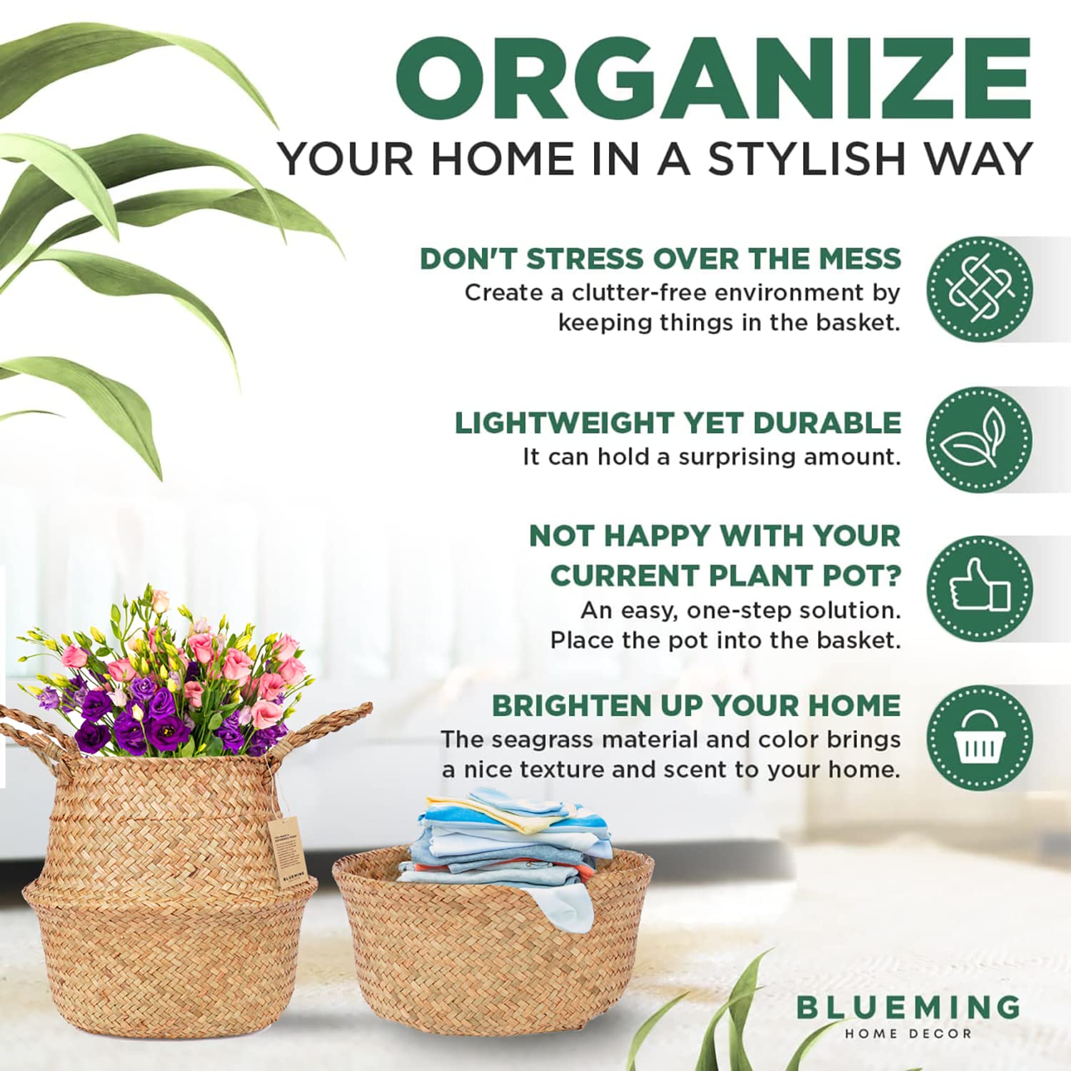 Blueming Home Decor vista superior mostrando ajuste de la maceta y espacio interior