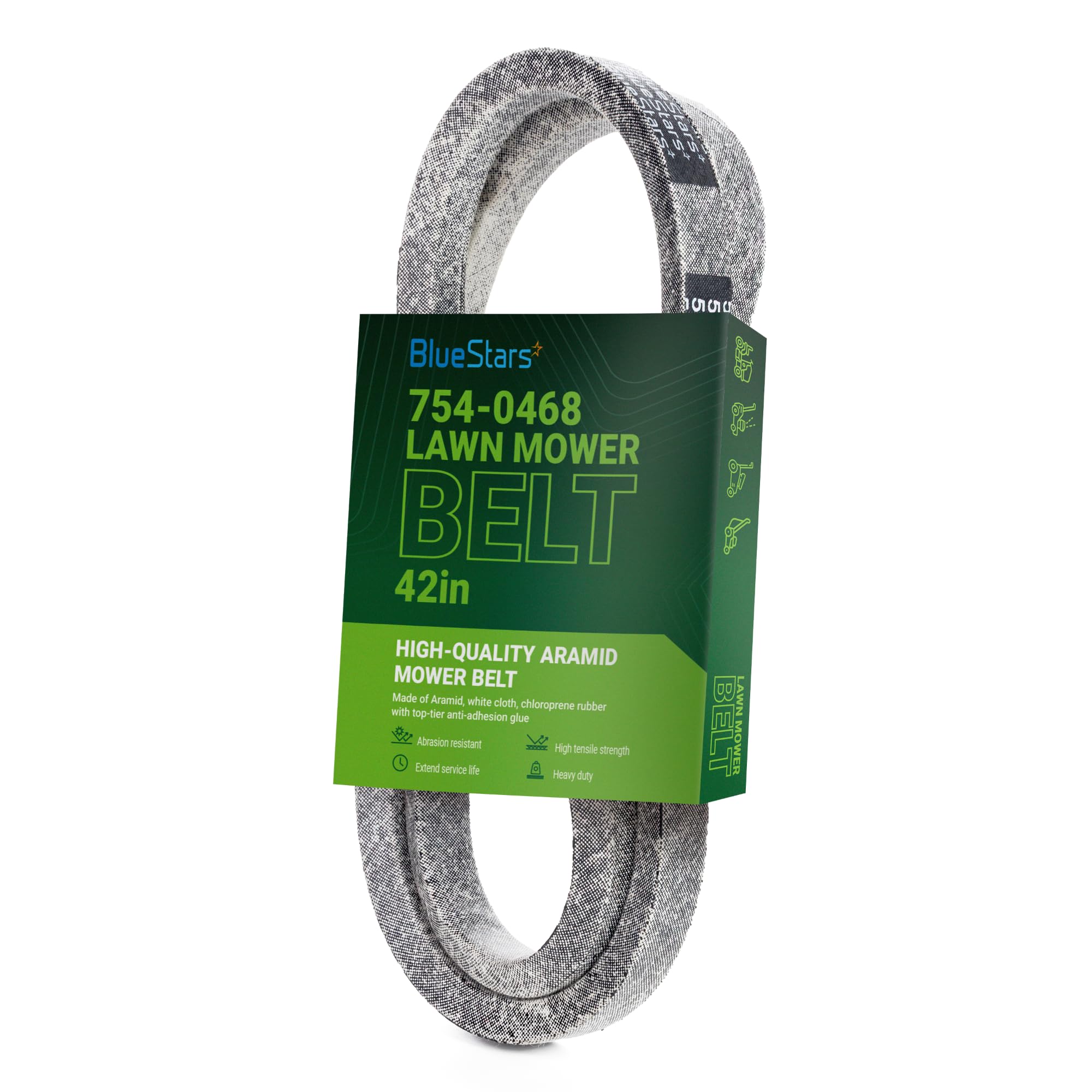 BlueStars empaque frontal de la correa 754-0468 mostrando dimensiones y compatibilidad