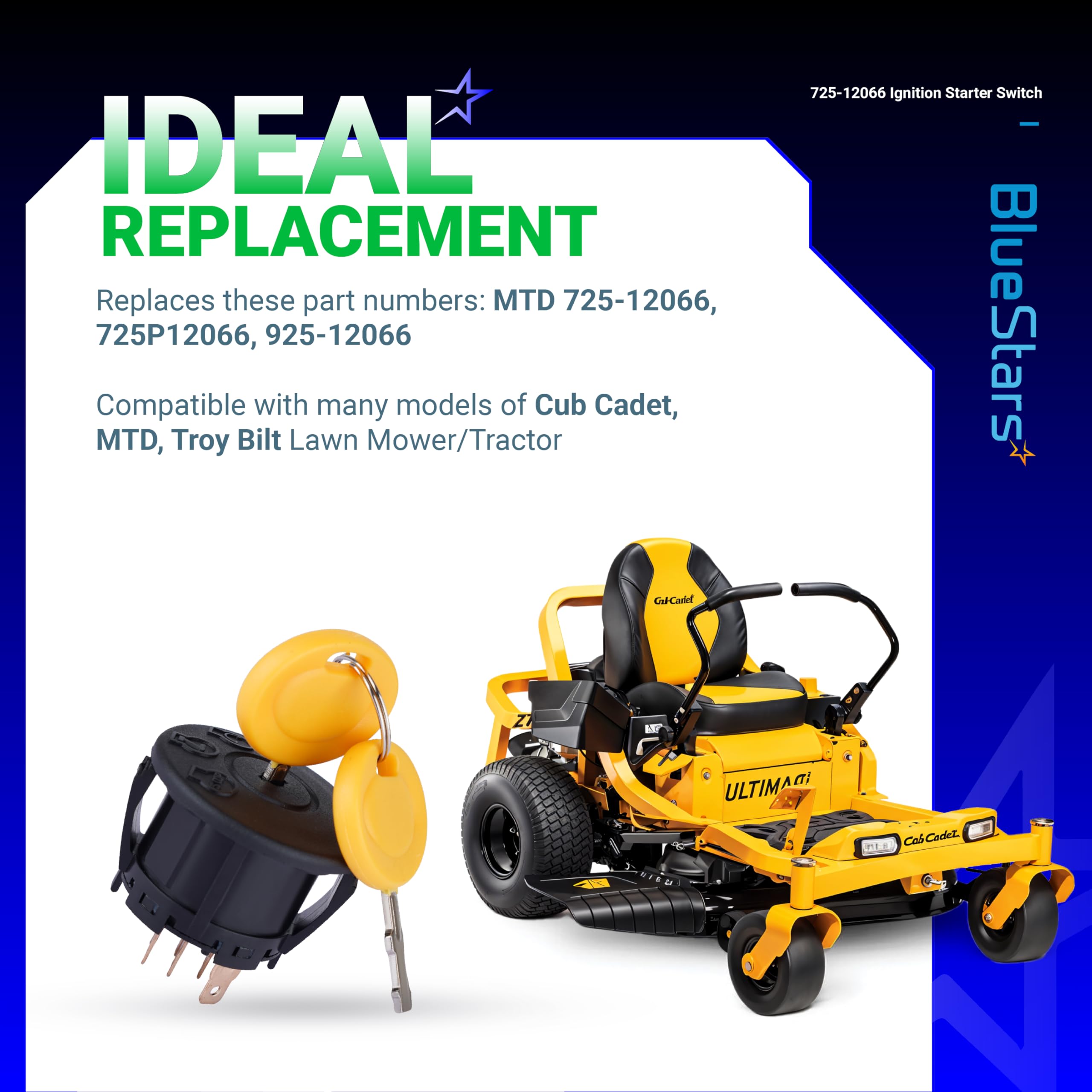BlueStars interruptor instalado en tractor Cub Cadet demostrando ajuste sencillo y rápido