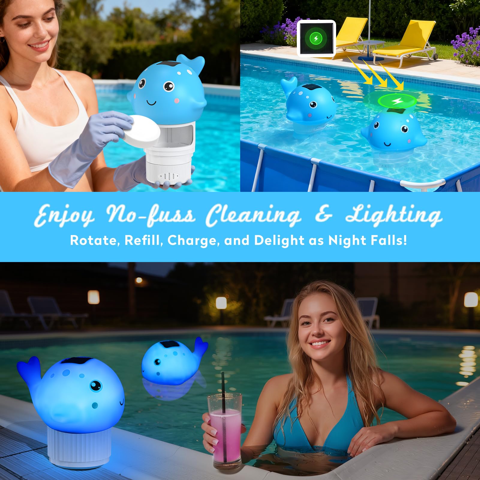 Blufree iluminada por la noche creando ambiente en piscina