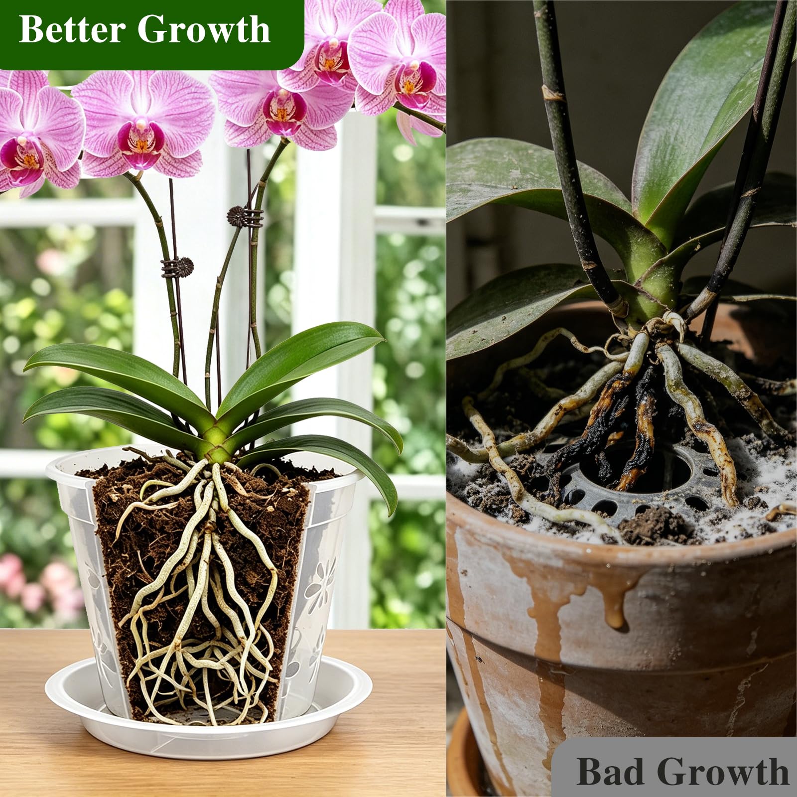 Blumiger maceta con orquídea plantada demostrando soporte y estética