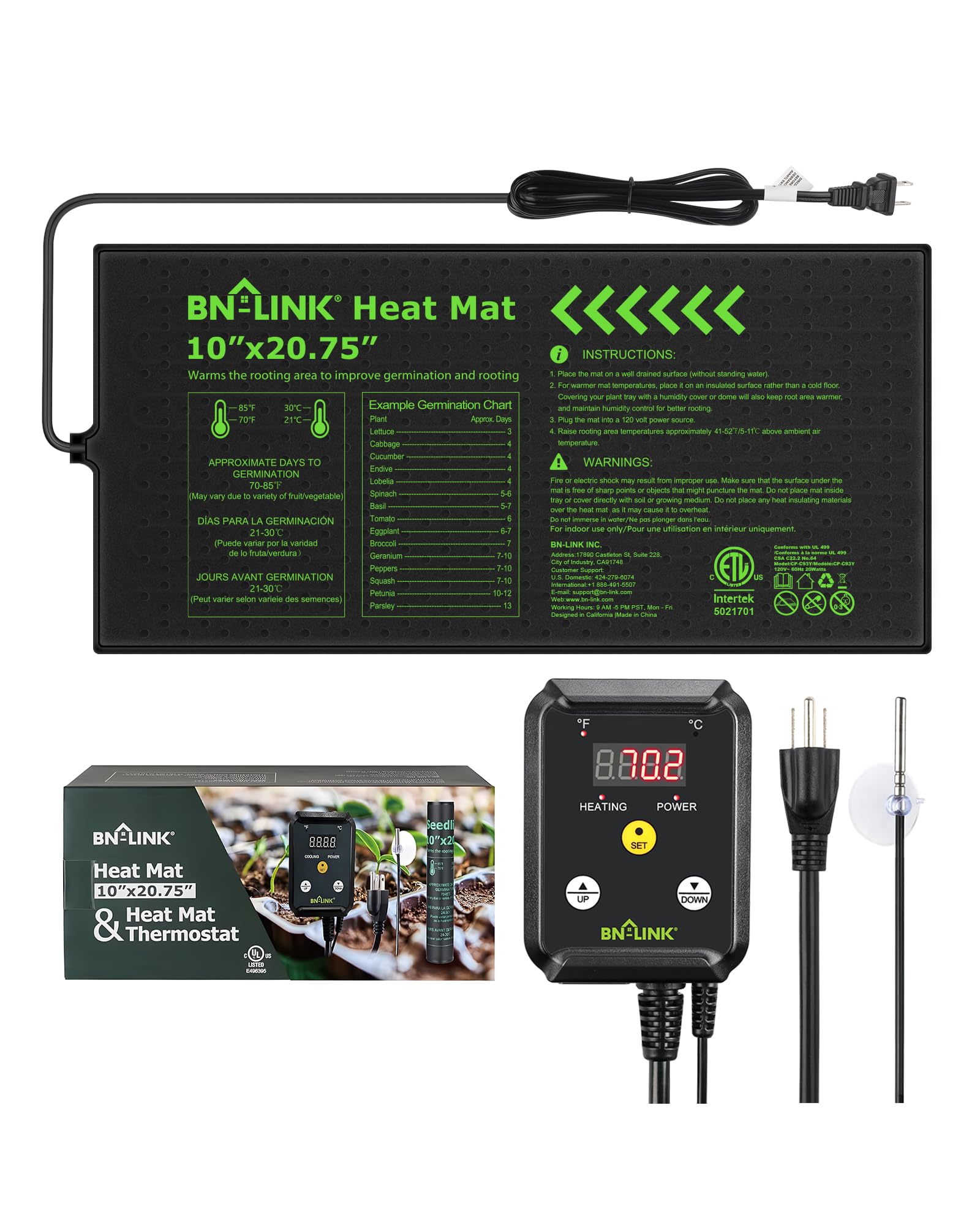 BN-LINK vista frontal de la alfombrilla térmica mostrando tamaño y marca para inicio rápido