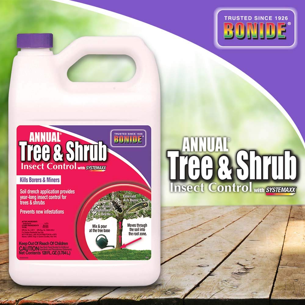 Bonide árbol protegido antes y después mostrando menor daño por plagas