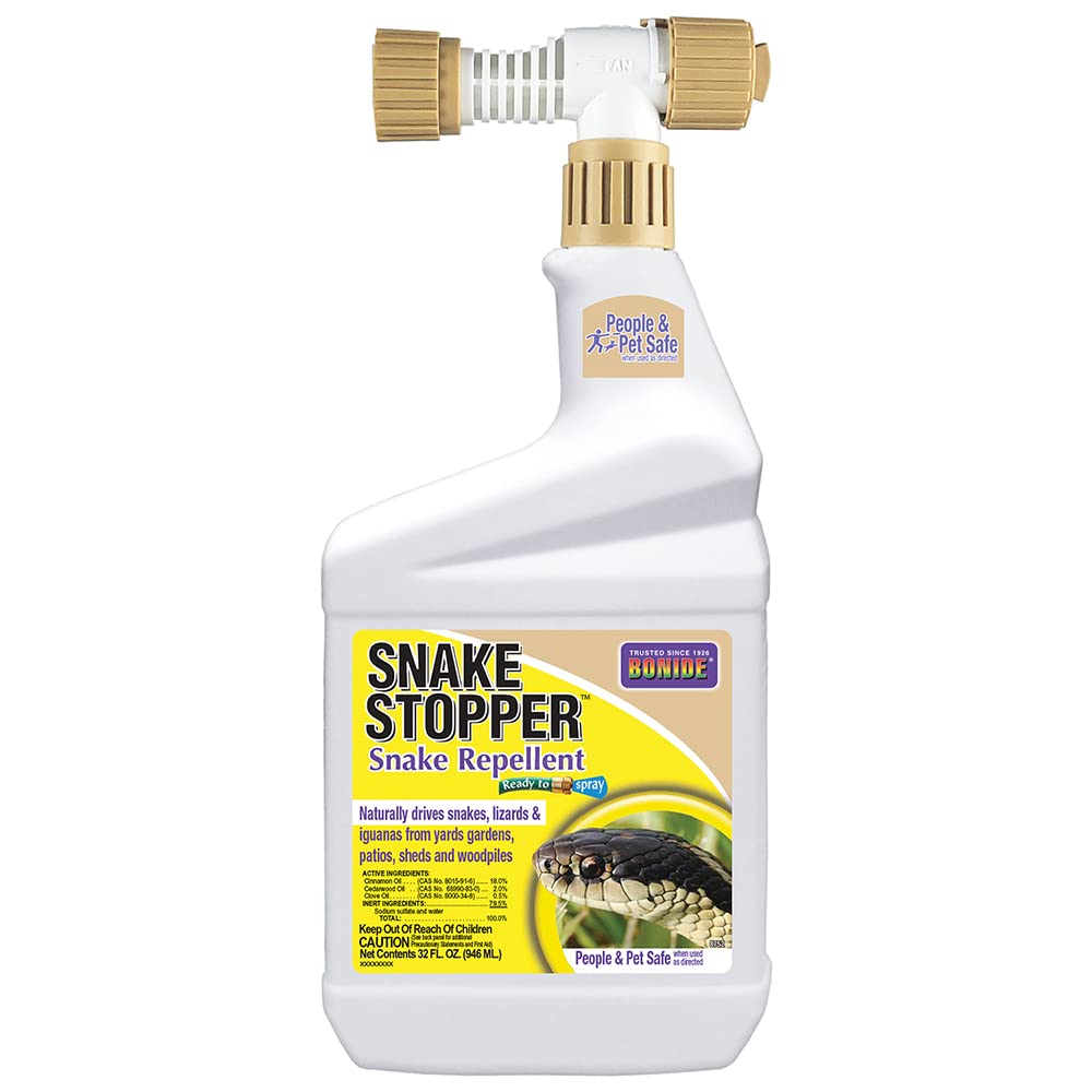 Bonide botella frontal Snake Stopper mostrando etiqueta y beneficio disuasorio