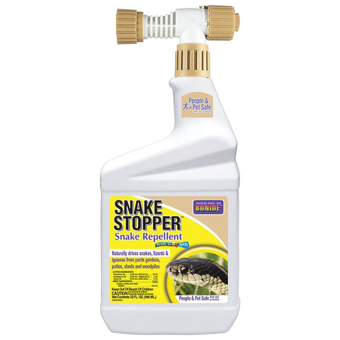 Bonide botella frontal Snake Stopper mostrando etiqueta y beneficio disuasorio