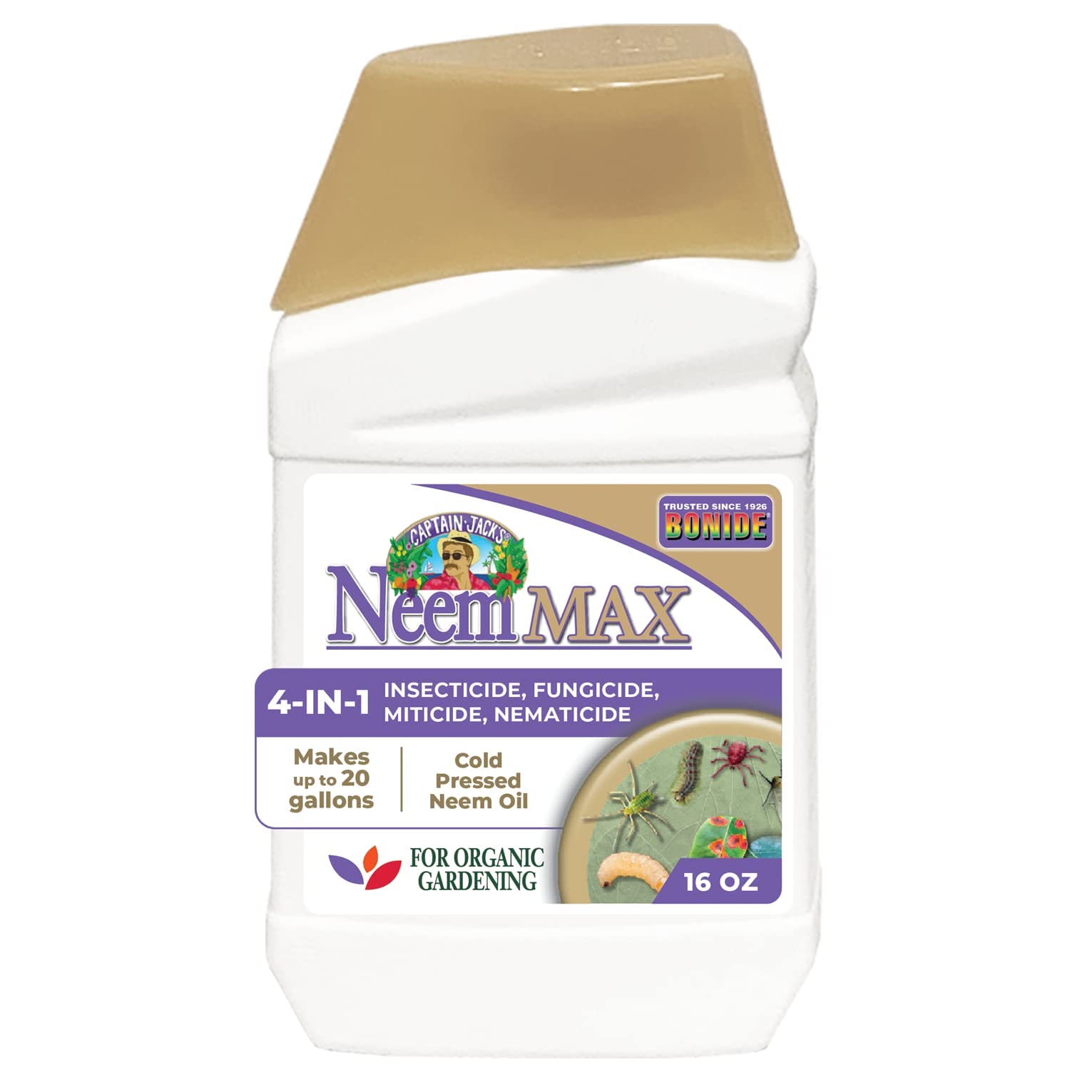 Bonide Captain Jack's Neem Max envase frontal mostrando concentración y marca
