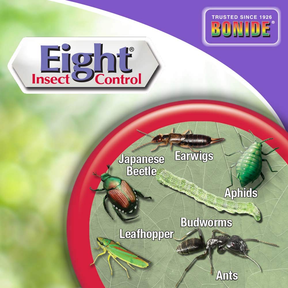 Bonide Eight etiqueta con instrucciones y precauciones para uso seguro