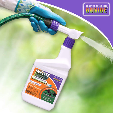 Bonide Infuse envase junto a mano para escala, tamaño práctico