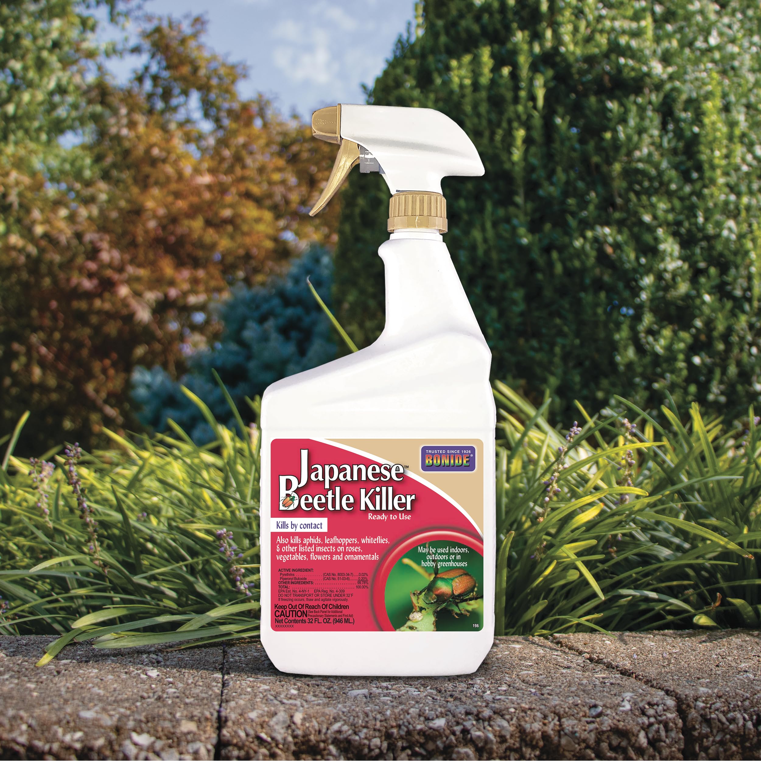 Etiqueta Bonide Japanese Beetle Killer mostrando instrucciones y usos