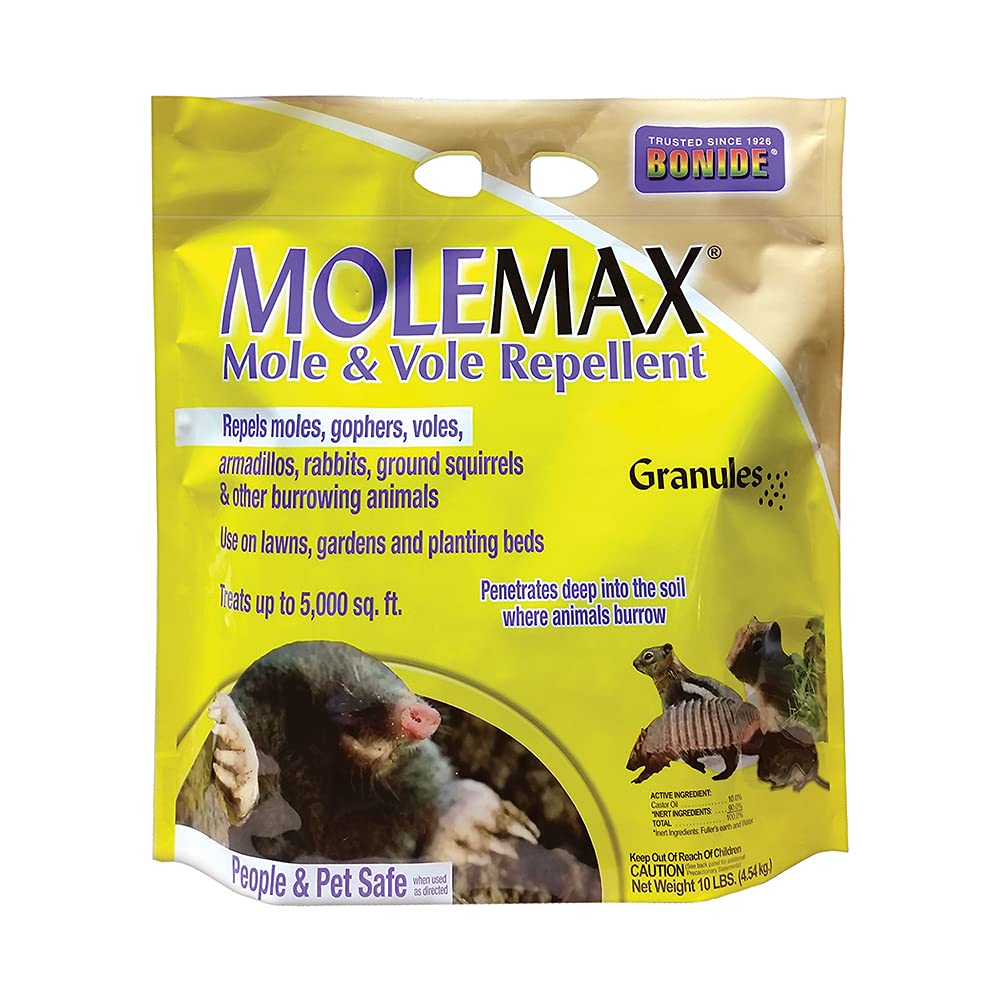 Bonide MOLEMAX empaque frontal mostrando bolsa lista para usar y cobertura