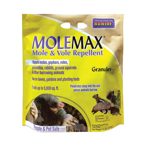 Bonide MOLEMAX empaque frontal mostrando bolsa lista para usar y cobertura