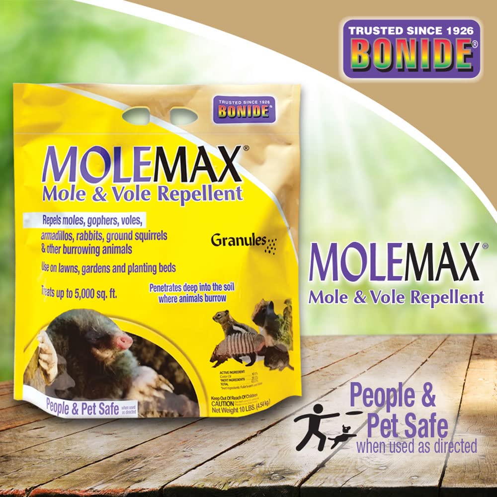 Bonide MOLEMAX detalle de gránulos y textura diseñada para penetrar suelo