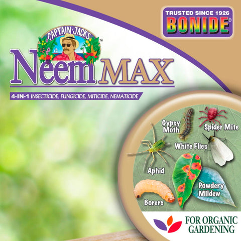 Concentrado de Bonide Neem Max dosificado y mezclado para aplicación segura