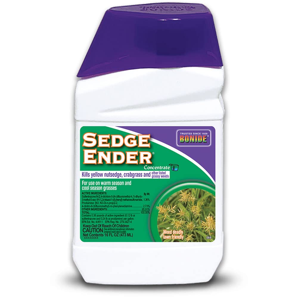 Bonide Sedge Ender envase frontal muestra concentración y uso en césped