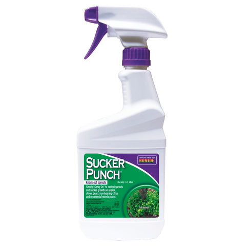Bonide Sucker Punch frente del envase mostrando spray listo para usar y facilidad