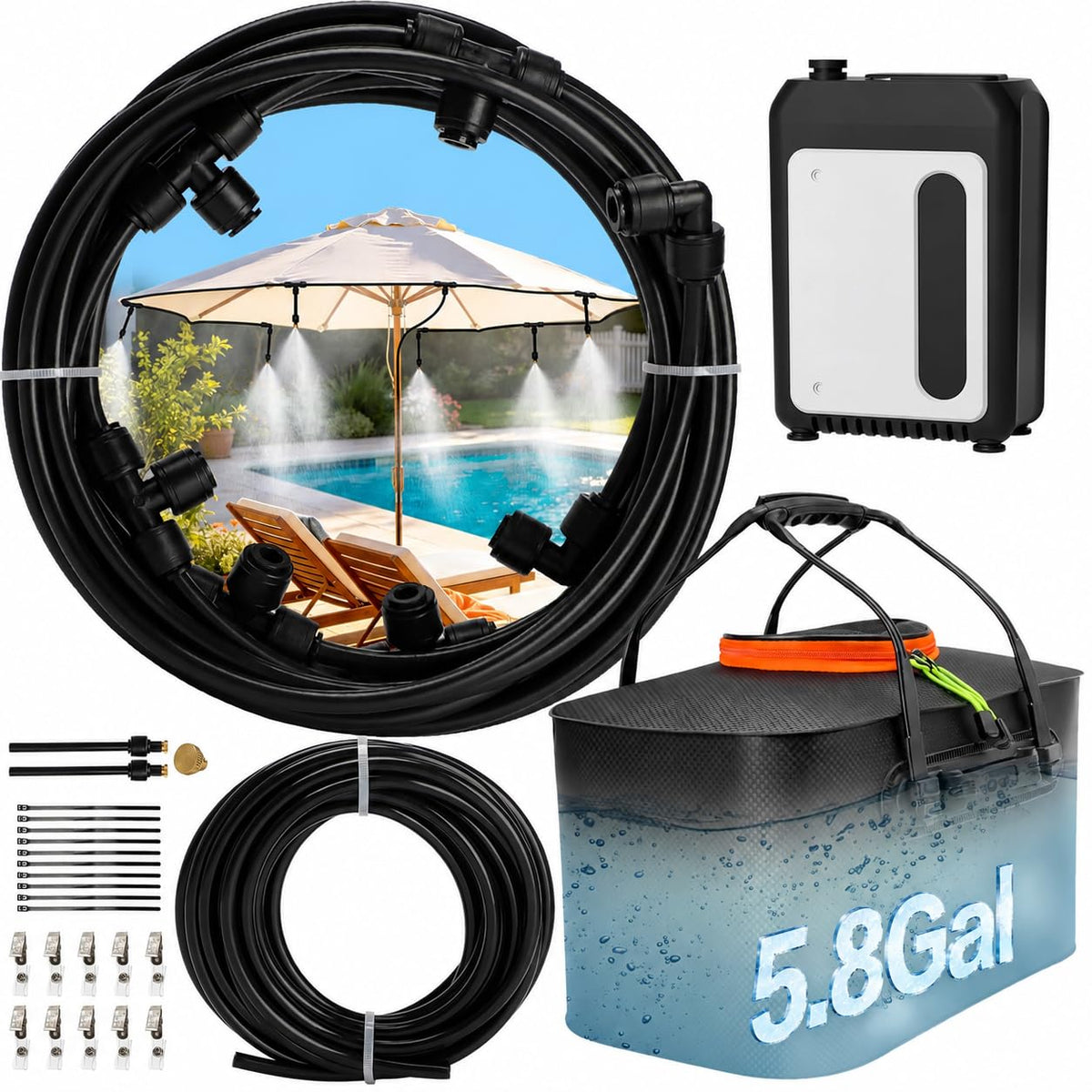Bonviee vista frontal del kit mostrando manguera y boquillas para instalación rápida