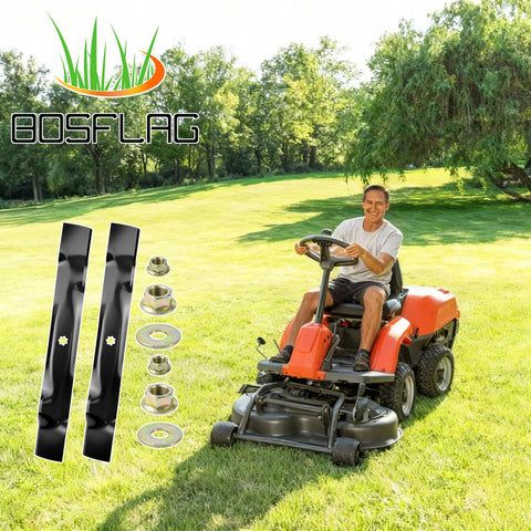 BOSFLAG cuchillas instaladas en cortacésped John Deere 42" en entorno de jardín