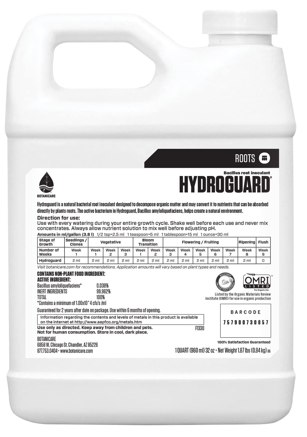 Botanicare Hydroguard detalle de etiqueta y textura, claridad del producto