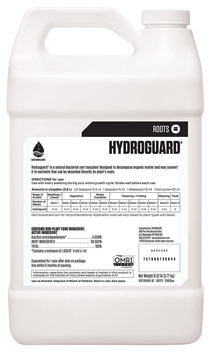 Botanicare Hydroguard etiqueta en detalle, informa sobre cepa y uso seguro