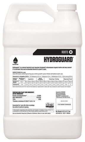 Botanicare Hydroguard etiqueta en detalle, informa sobre cepa y uso seguro