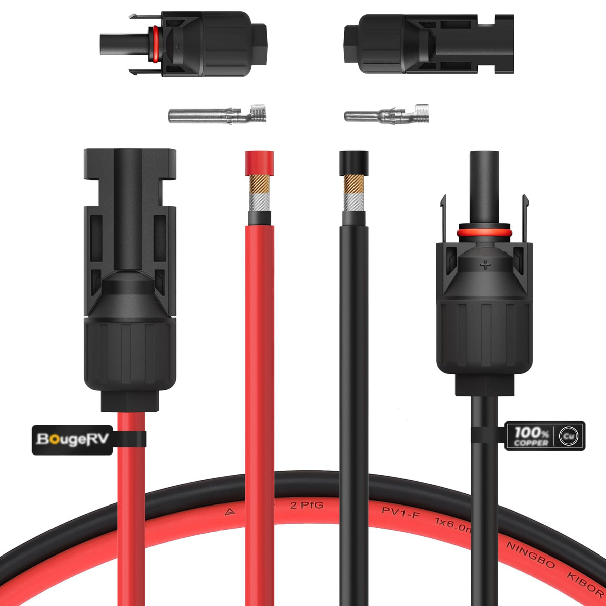 BougeRV cable frontal mostrando conectores macho y hembra y conexión segura
