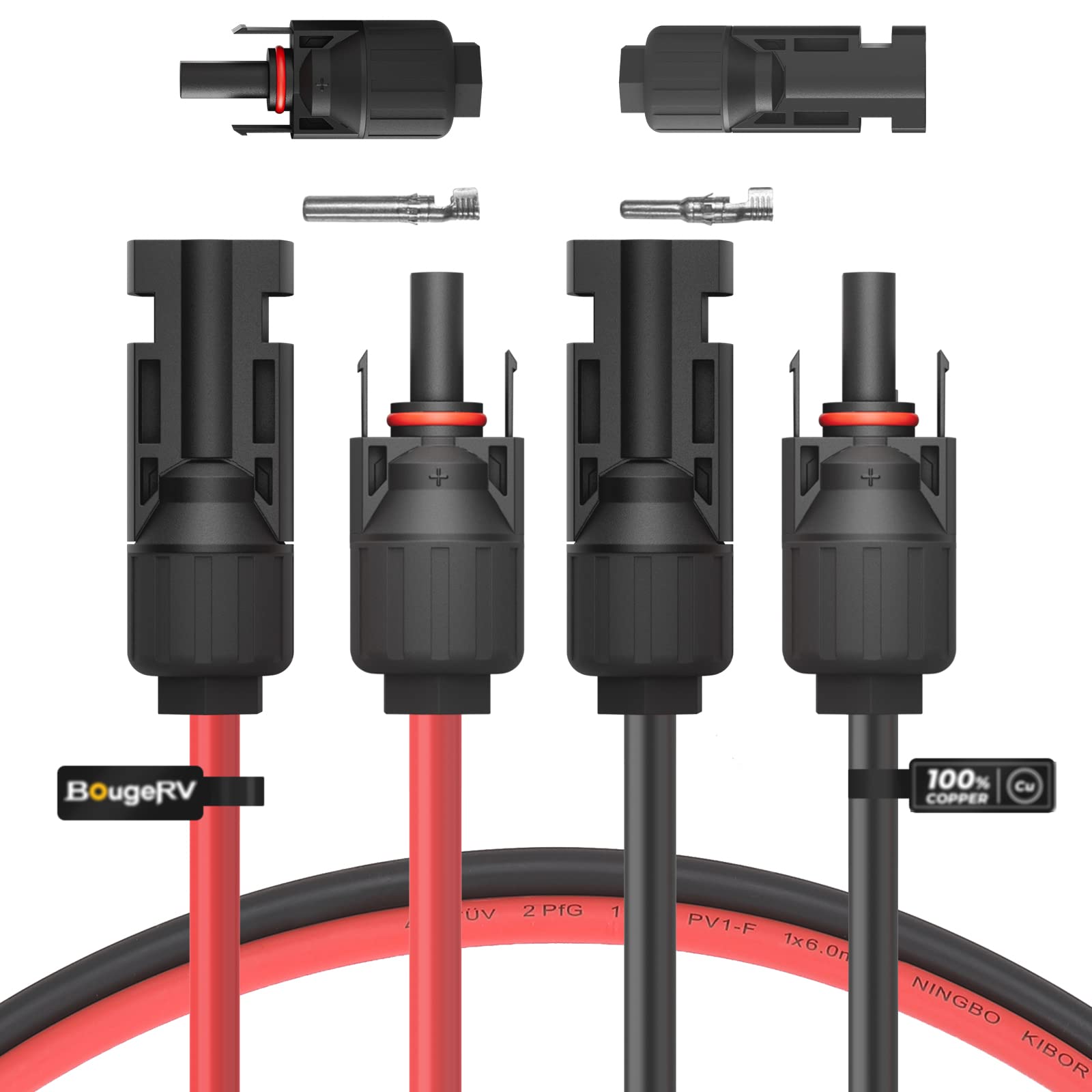 BougeRV cable solar frontal mostrando conectores y beneficio de conexión segura