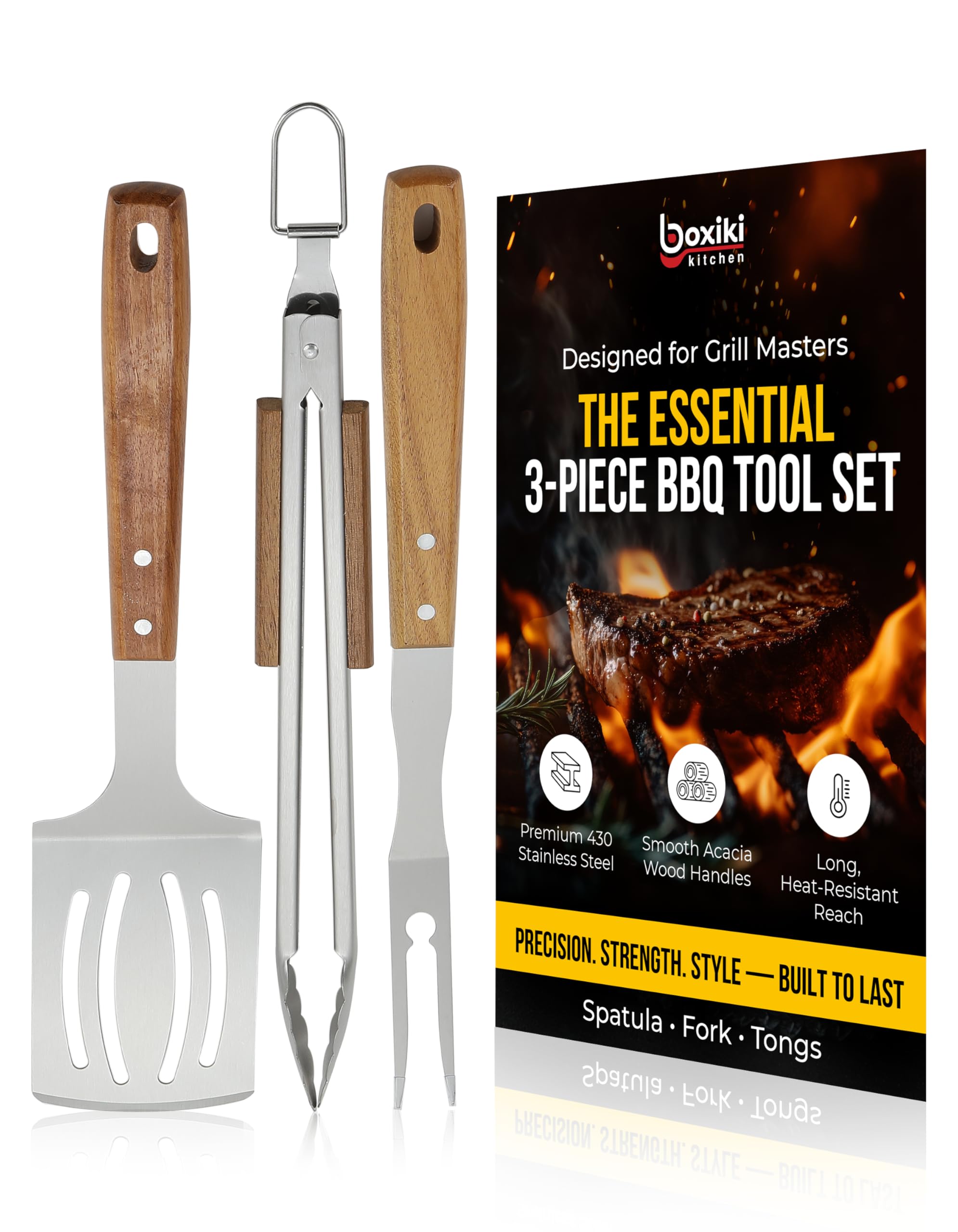 Boxiki Kitchen set de parrilla frontal mostrando las tres piezas y beneficio de durabilidad