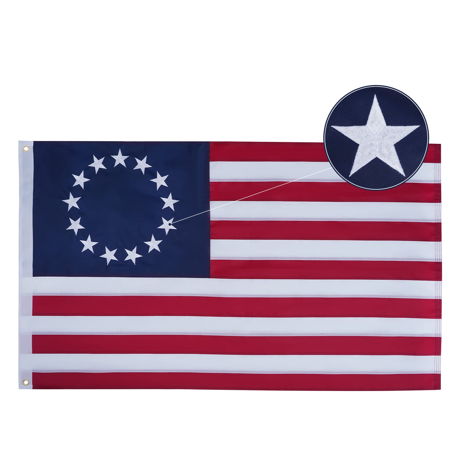Bradford bandera Betsy Ross frontal mostrando 13 estrellas con aspecto auténtico y vistoso