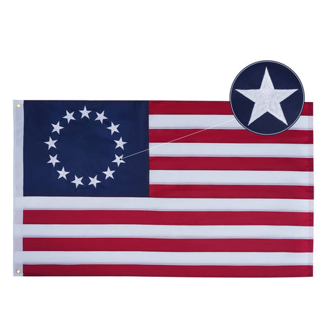 Bradford bandera Betsy Ross frontal mostrando 13 estrellas con aspecto auténtico y vistoso