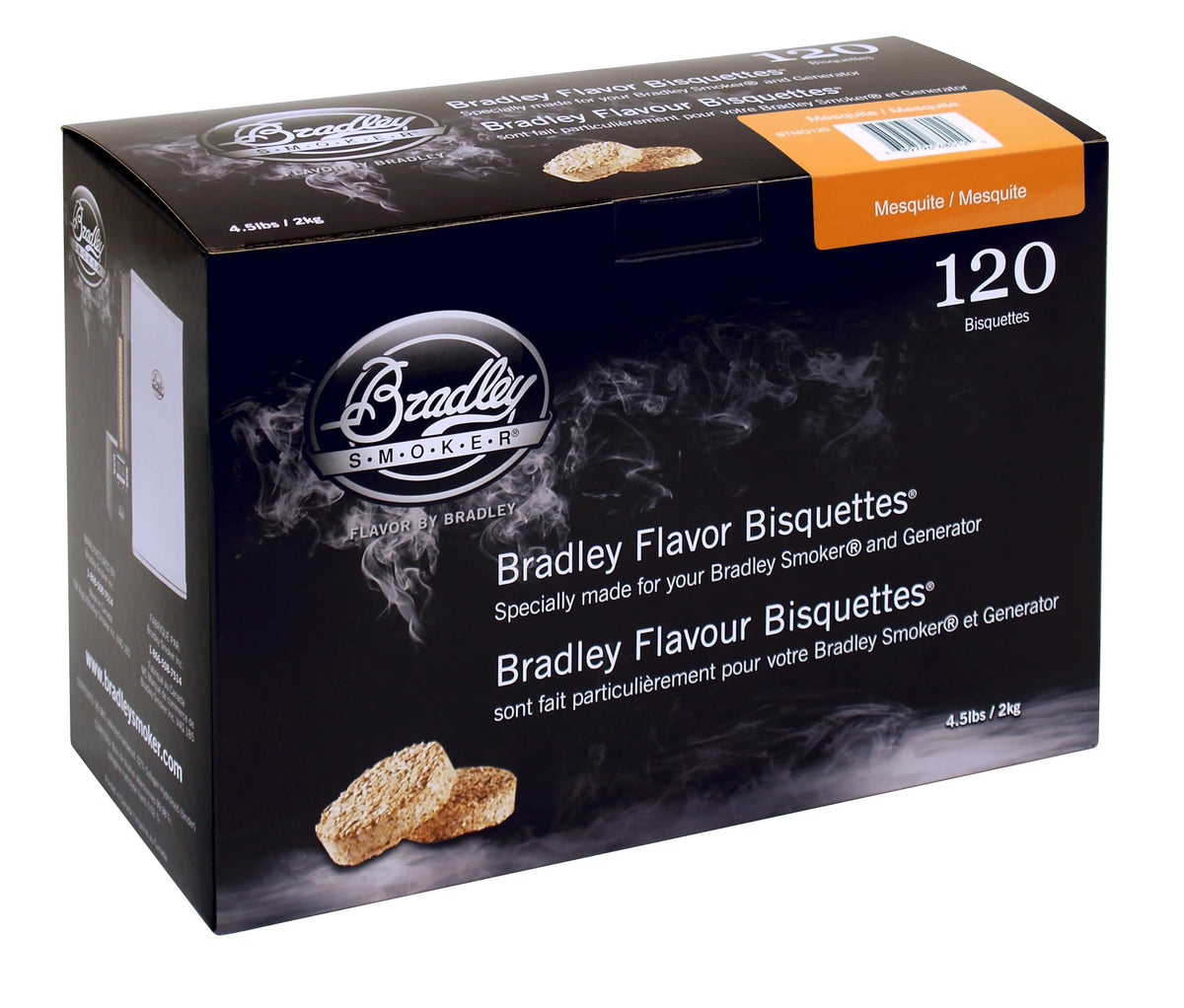 Bradley Smoker empaque frontal mostrando 120 bisquettes y duración prolongada