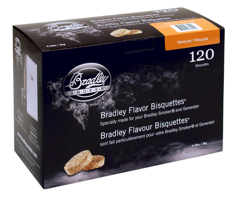 Bradley Smoker empaque frontal mostrando 120 bisquettes y duración prolongada