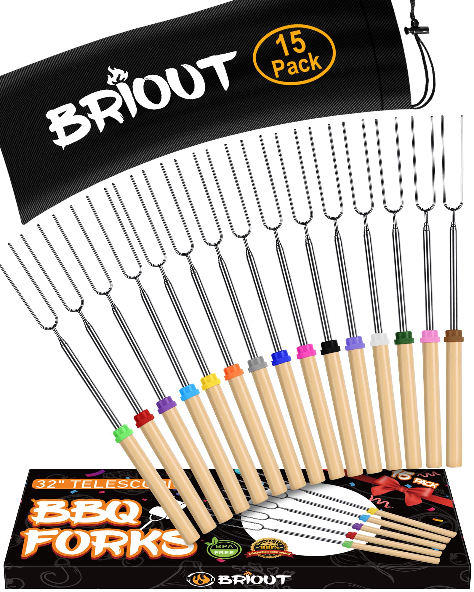 BRIOUT pack frontal mostrando 15 palos, listo para camping