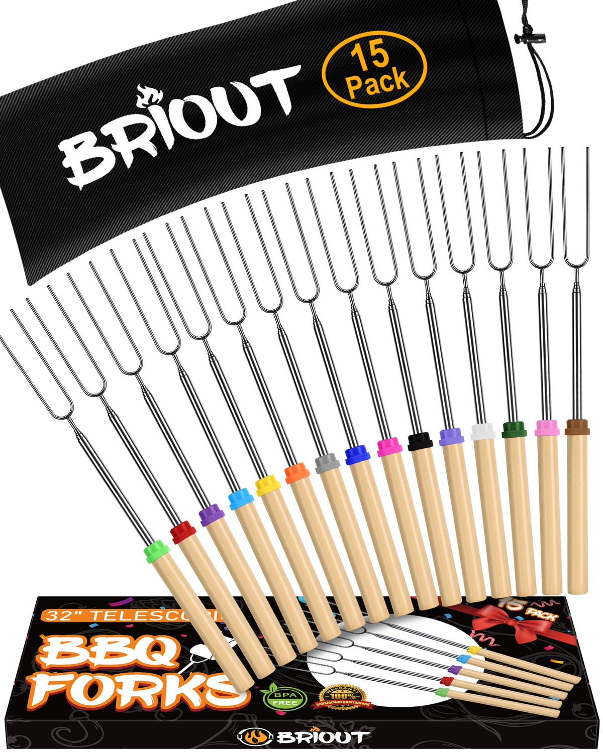 BRIOUT pack frontal mostrando 15 palos, listo para camping