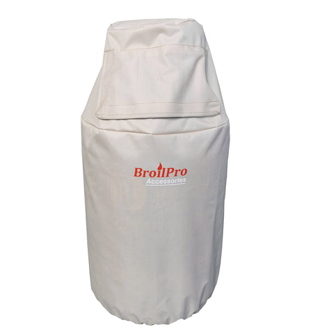 BroilPro funda frontal beige mostrando ajuste y protección UV