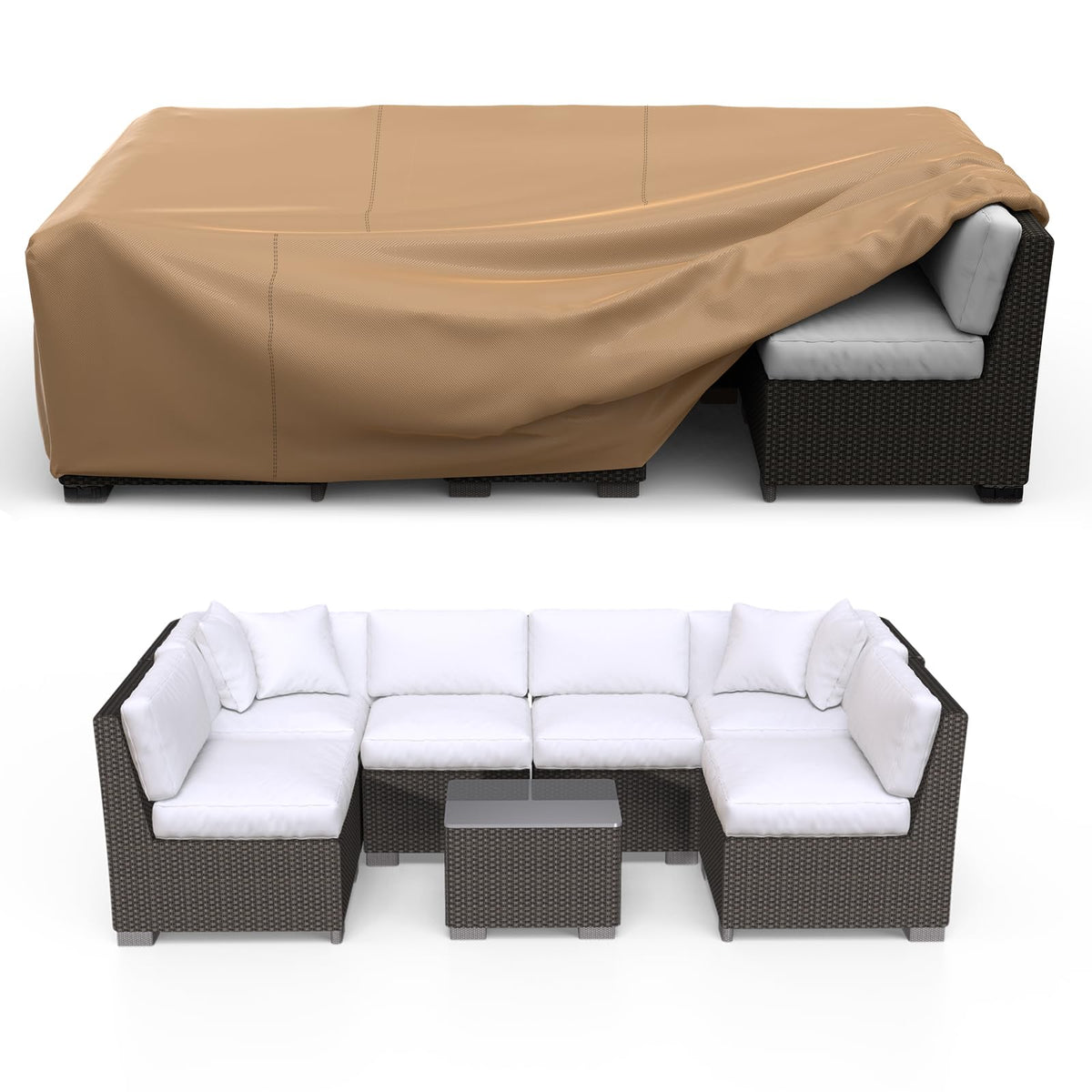 BROSYDA vista frontal de la funda marrón protegiendo muebles grandes