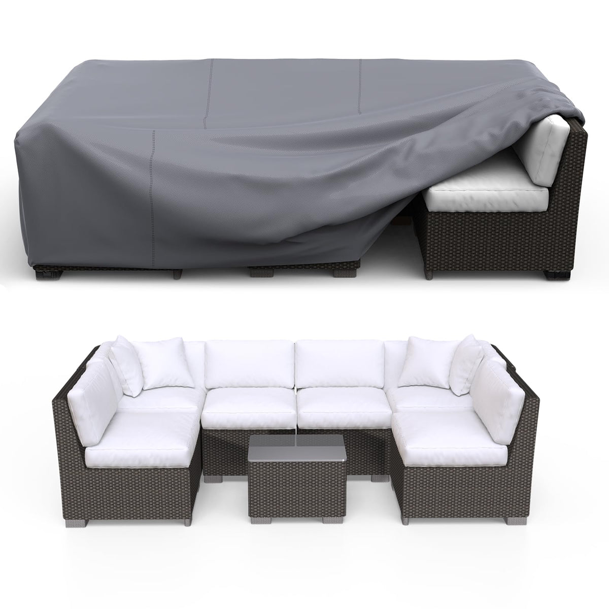 BROSYDA vista frontal de la funda protegiendo un conjunto de patio, protección completa