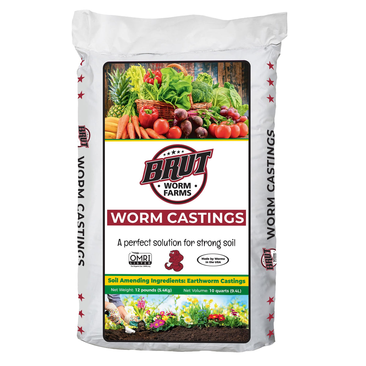 BRUT WORM FARMS paquete frontal mostrando etiqueta y peso 12 lb, fácil identificación